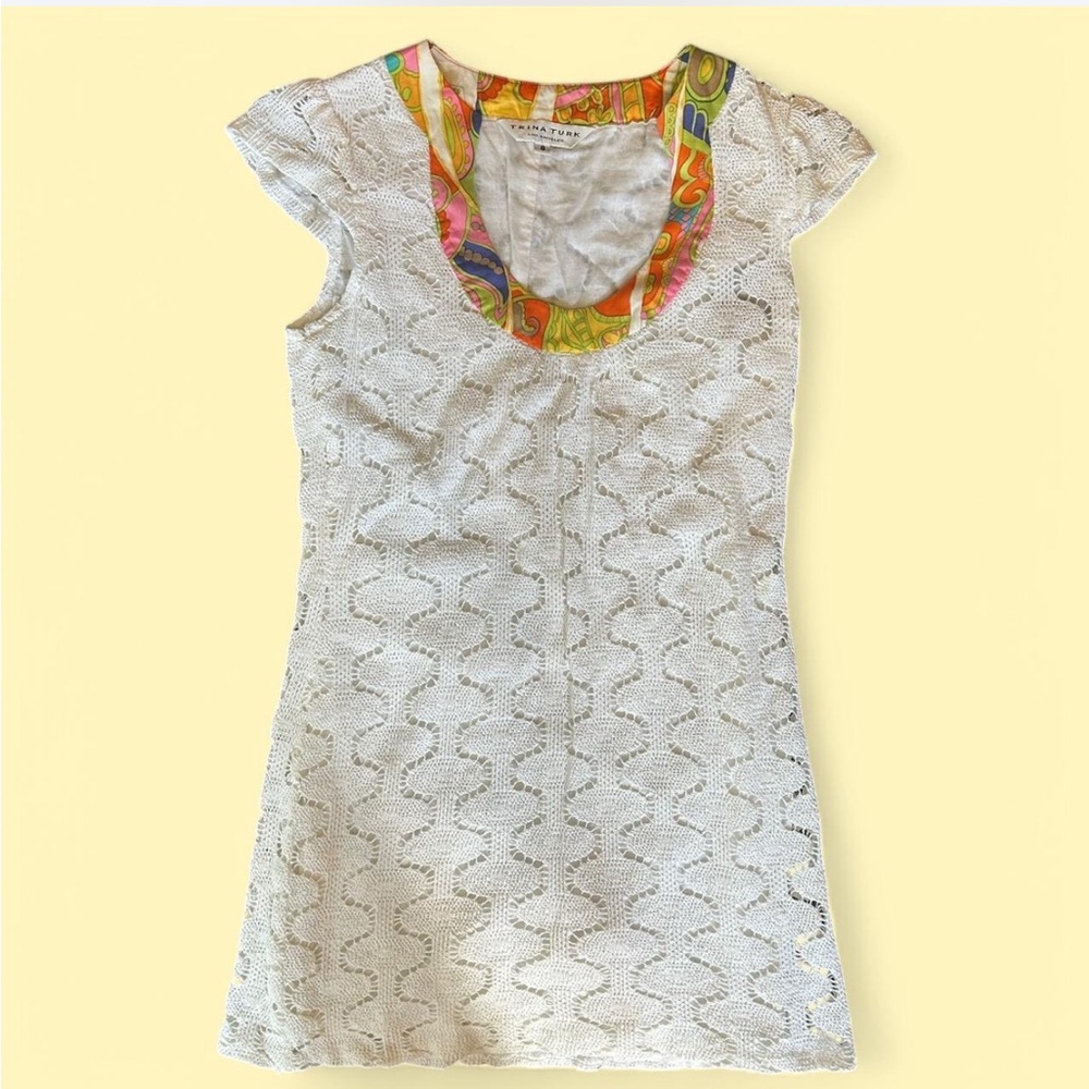 Groovy Gogo Trina Turk Crochet Mini Dress White Lined Cap Sleeve